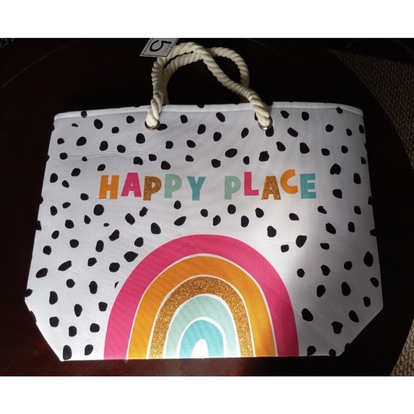 NEW Rainbow Happy Place Polka Dot Boho Beach Tote Travel Shopping Bag Glitter - Picture 12 of 16
